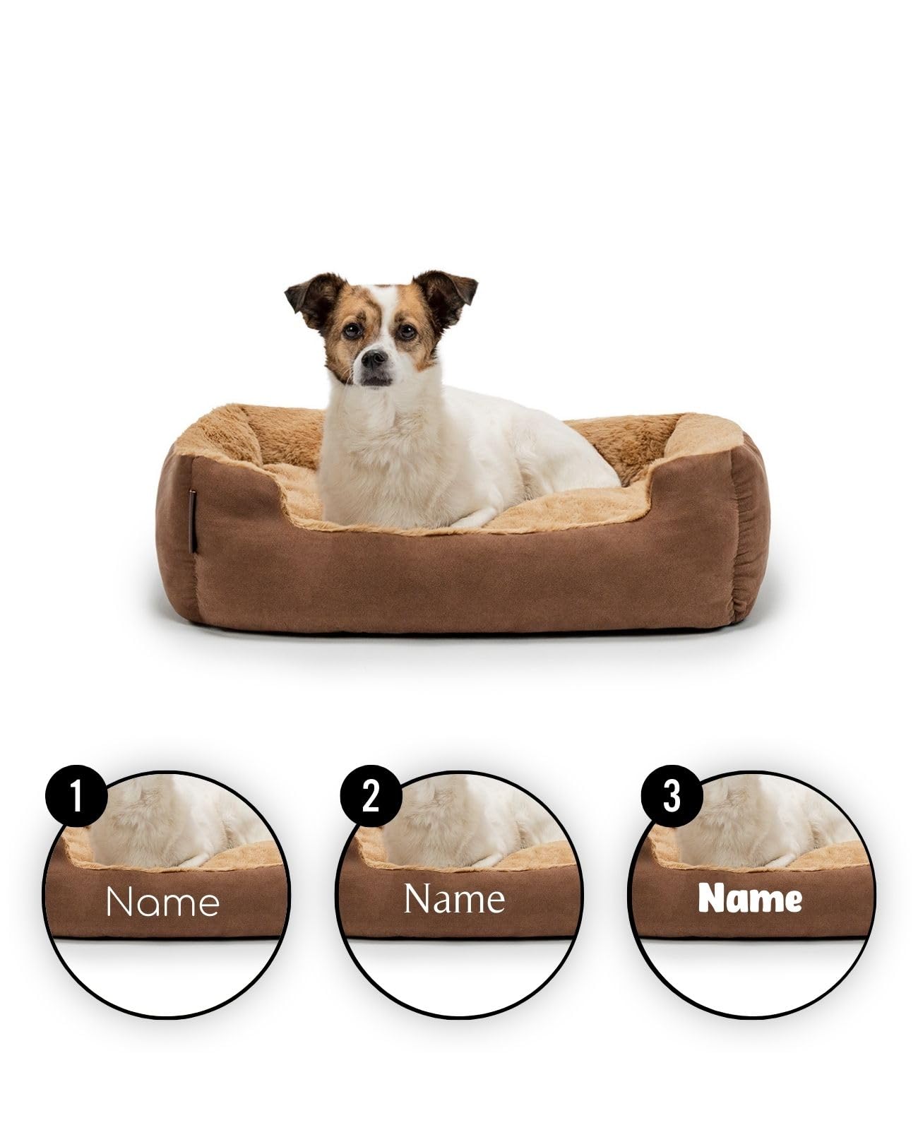 lionto Cama para Perros con cojín Reversible y Base Antideslizante, cojín para Mascotas con Entrada Baja para Perros y Gatos, 60x48 cm, cojín para Perros Acogedor, marrón/Beige (con Nombre Impreso)