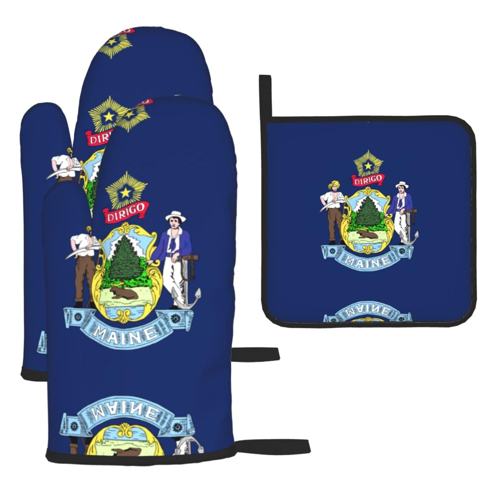 Maine State Flag Oven Mitts And Pot Holders Sets Of 3 Oven Glove Kitchen Decor For Baking Cooking Bbq