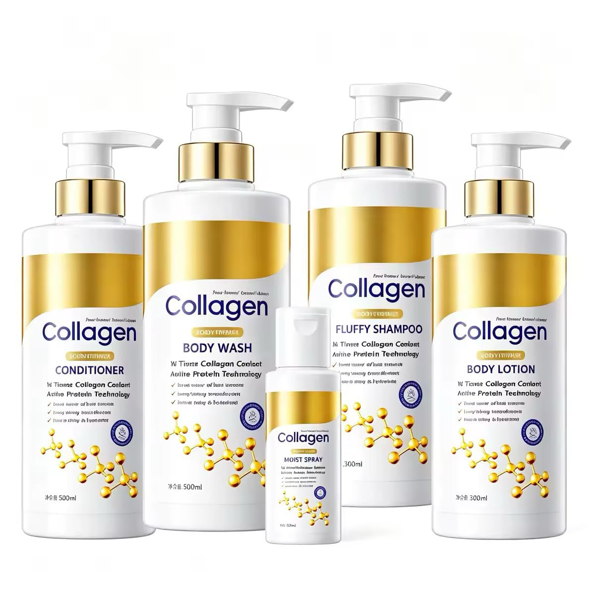 Collagen zestaw prysznicowy z 500 ml szamponu, 500 ml odżywki, żel pod prysznic, żel pod prysznic, 300 ml balsam do ciała i spray nawilżający 100 ml, odpowiedni dla mężczyzn i kobiet (zestaw