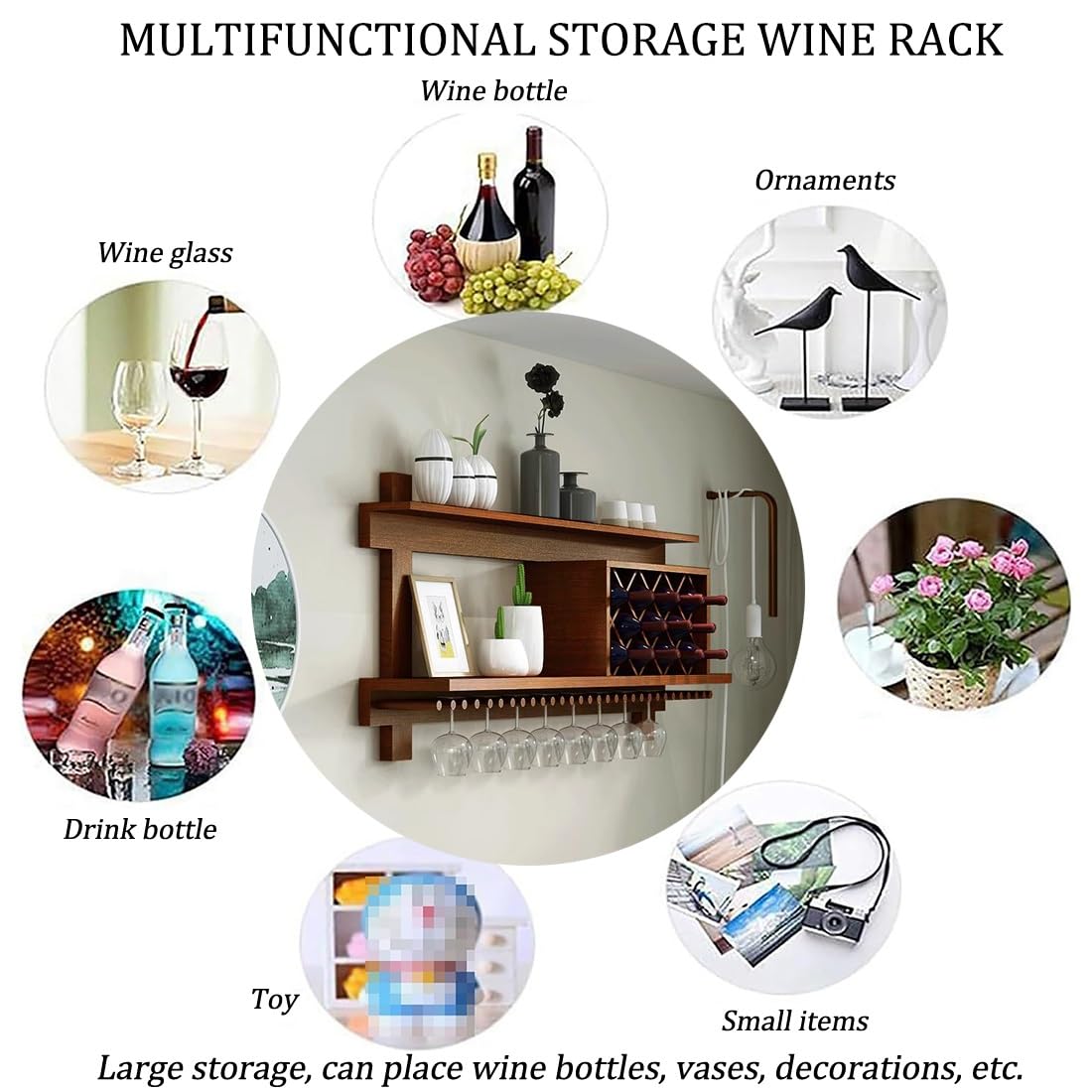 Portabottiglie vino parete Mensola cantinetta vino legno con ripiani portaoggetti e portabicchieri, angolo bar espositore galleggiante multifunzionale, moderno supporto a forma di diamante(White,140CM