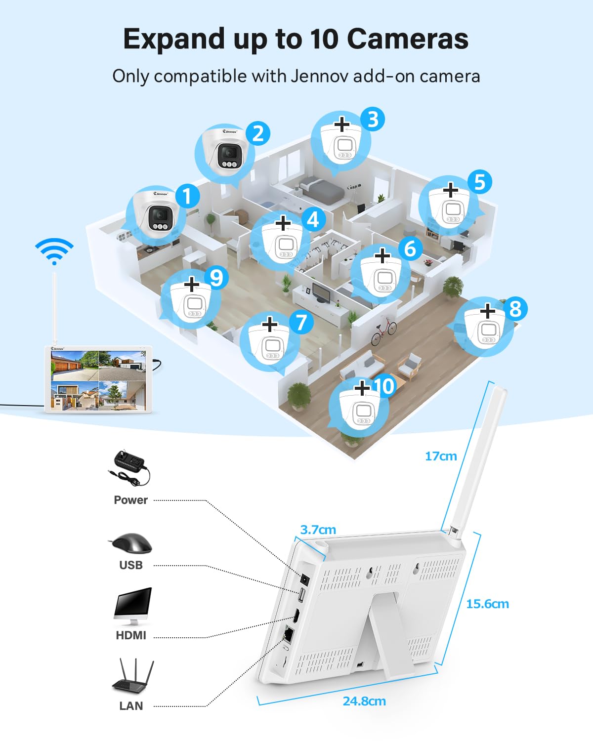 Jennov 5MP Kit Telecamere WiFi Esterno con 10" Monitor 10CH 5MP NVR, 2X5MP Telecamera IP, Angolo Ampio Di 120°, Visione Notturna a Colori, Rilevamento Persona, Registrazione 24/7, Disco 500GB Vista