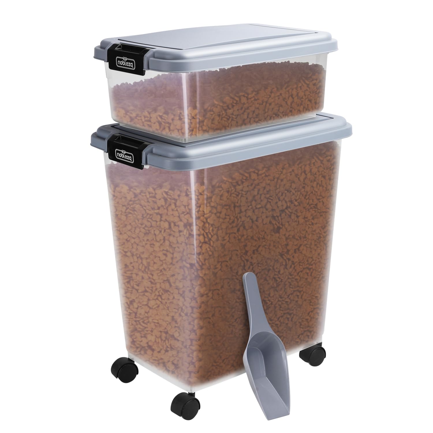 Nobleza Contenedor de Comida para Mascotas 10L+40L， Caja Hermética Transparente con Ruedas， Tapa Abatible y Pala para Alimento de Perros y Gatos， Gris