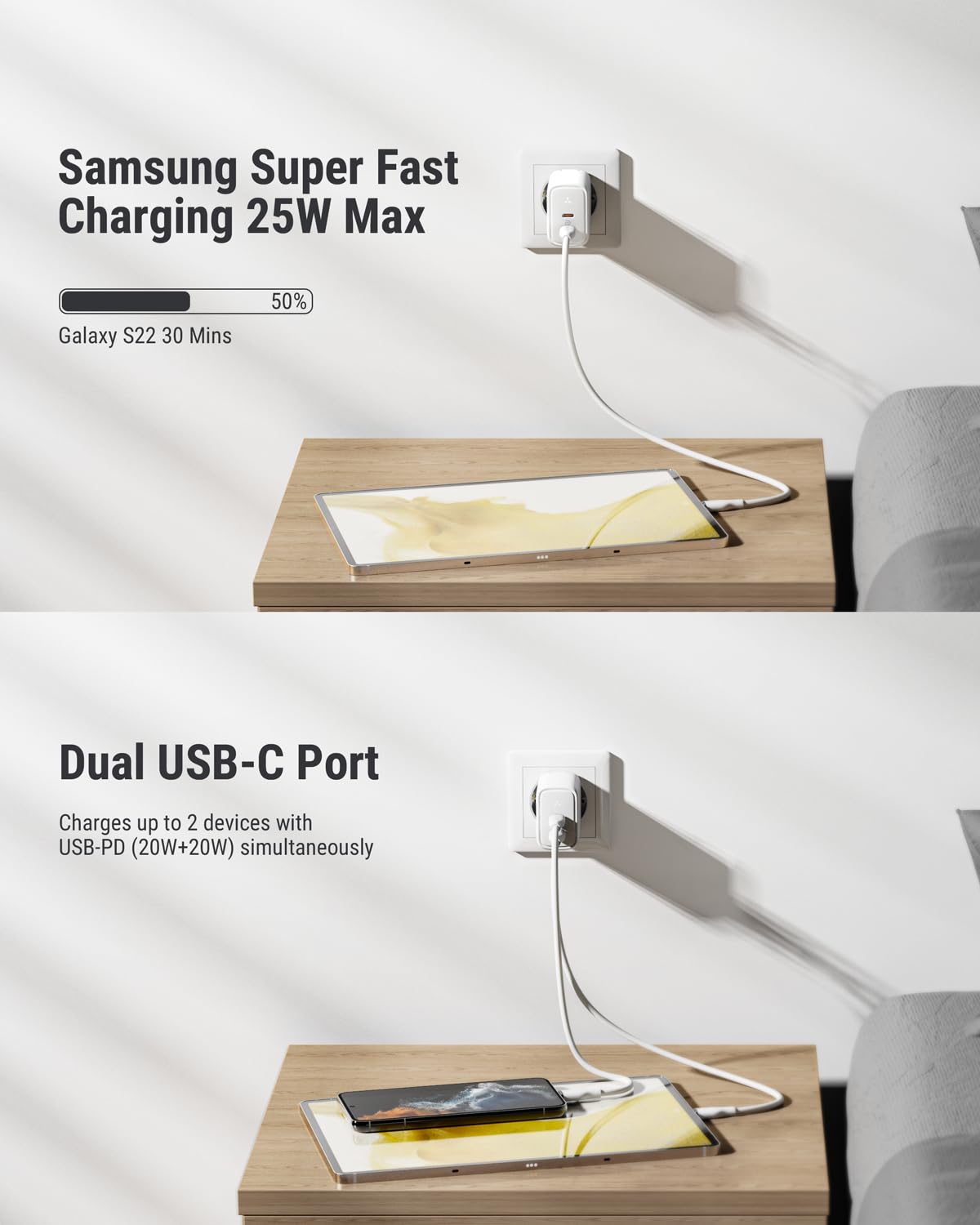 VOLTME Caricatore USB C Doppio Porta 45W Bianca, Caricatore usb c rapido GaN alimentatore tipo c doppio per iPhone 15/Pro, Samsung Galaxy S23 Ultra S22, Note 20/10, iPad Pro, Pixel, MacBook Air