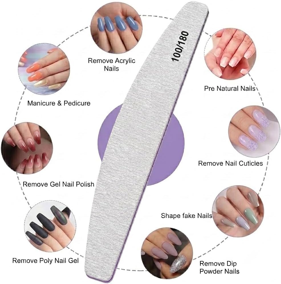 Half Moon Nail Files (60 Pack), 100/180 Grit Curved Emery Boards Nail File for Natural Nails and Acrylics, Double Sided Emory Boards Reusable Manicure, 7.1 x 1.1 Inches Gray