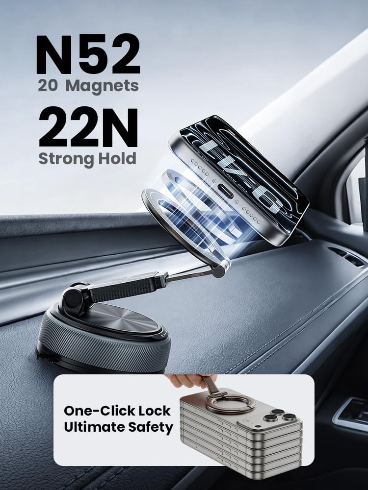 Magnetic Car Phone Mount, 2 in 1 Detachable Ring Stand for Desk & Dashboard, 360° Adjustable Alloy Suction Cup Phone Holder, Includes 2 Metal for iPhone 17 16 15 14 13 12 Series - Gray image 3