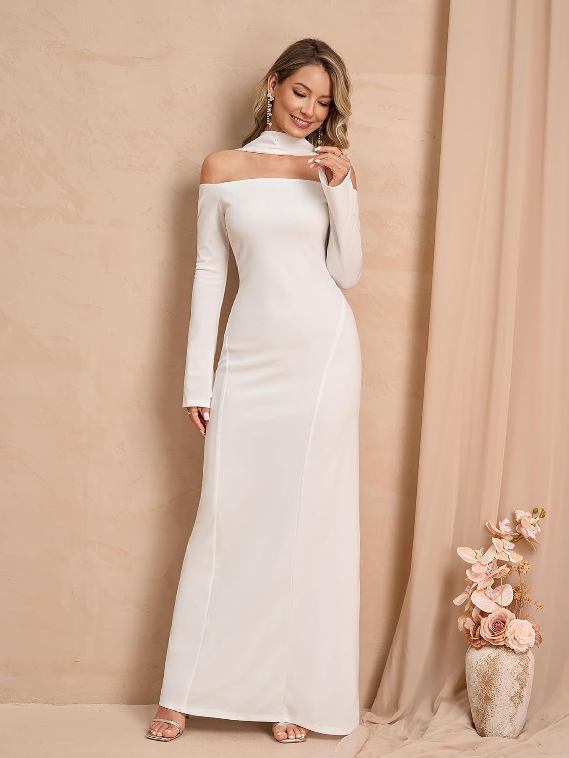 Elegant Off Shoulder Maxi Dress Long Sleeve with Attached Scarf Formal Evening Gown Flare Hem Party Dress for Women - Image 4