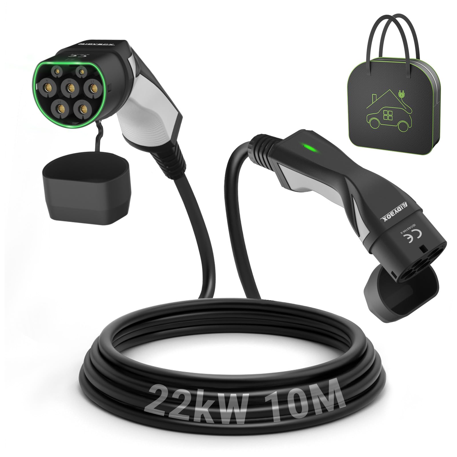 Cable de Carga EV Tipo 2 Cable Carga Coche Electrico Trifasico 32A 22KW 10M, con Bolsa, Compatible con el Model S/3/X/Y, ID.3, i3, Leaf, EQC, I-Pace, E-Tron