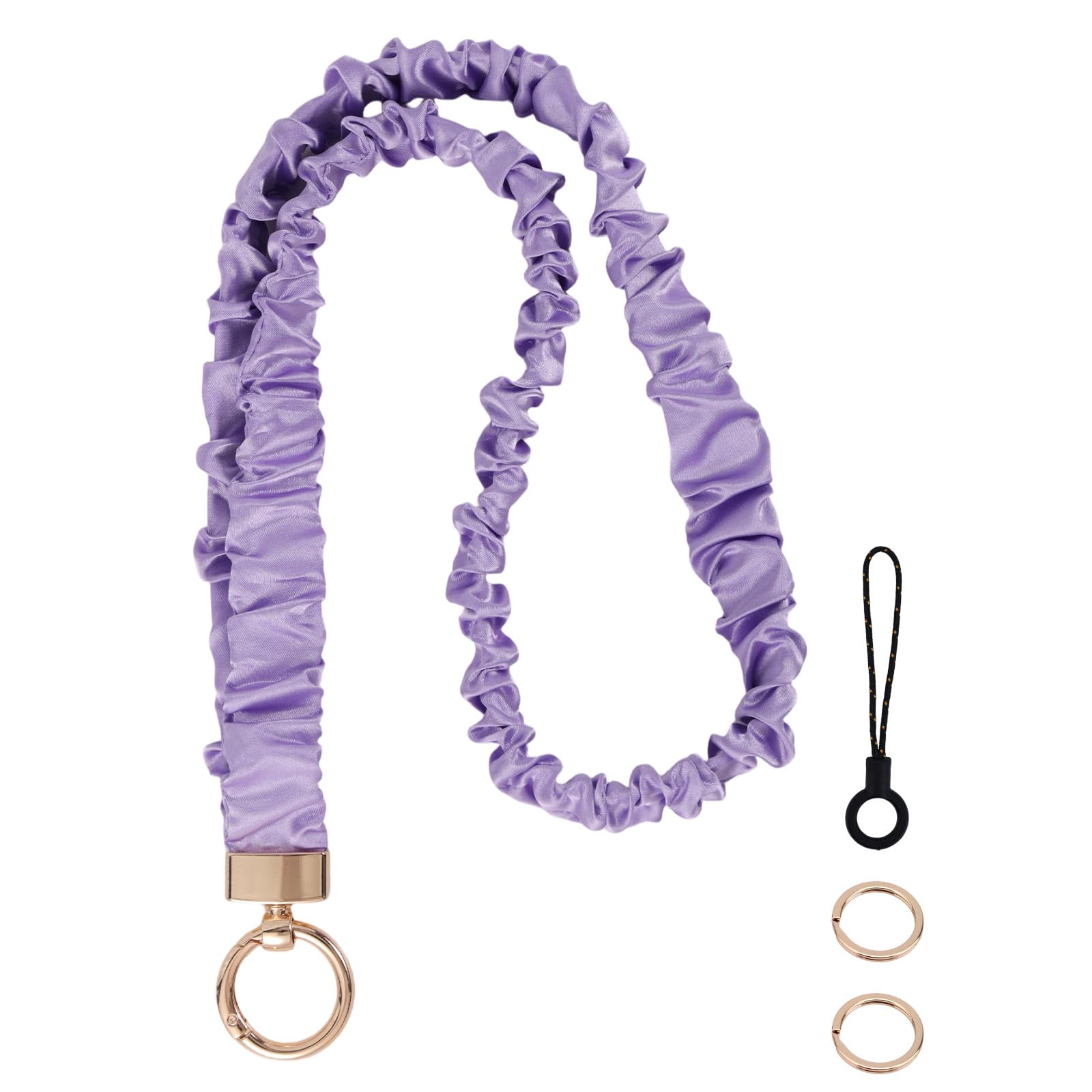 Fukaisu Stretchy Scrunchie Lanyard, Cute Elastic Neck Lanyard with 2 Rings & Phone Strap for Nurse Women & Teachers Retractable Keychain Holder for ID Badge Gifts Decorations Accessories (Purple)