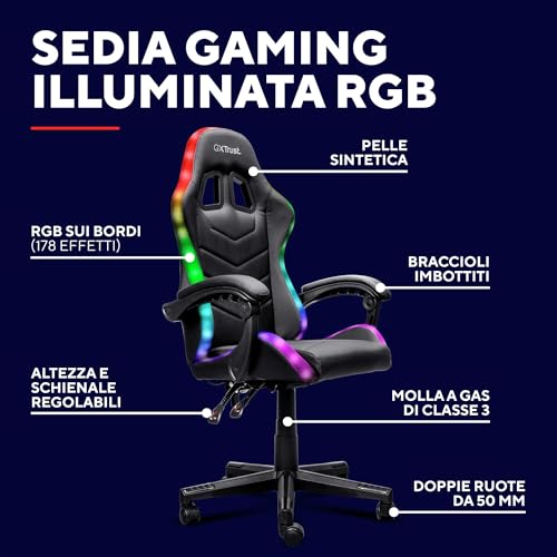 GX 704 Roniq Sedia da Gaming RGB con 178 Colori ed Effetti, Poltrona per Ufficio con Luci a LED, Regolabile in Altezza, Reclinabile, Videogiochi, Nero - Sedia gaming - Immagine 3