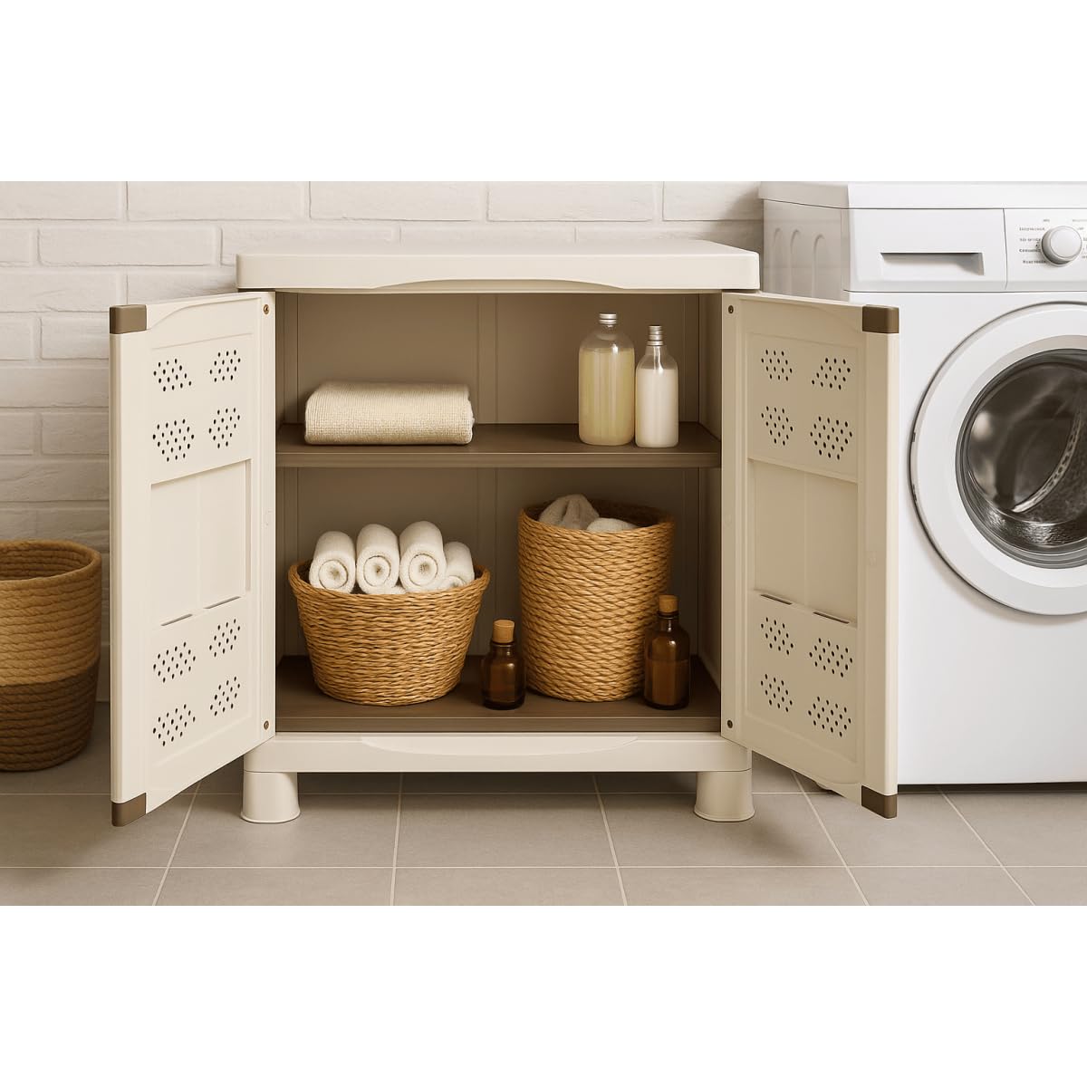 Intec – Armario bajo exterior interior beige 2 puertas 2 estantes 70 x 47 x 97 cm – pequeño mueble de almacenamiento carga 50 kg Max Garage Lavandería Terraza jardín