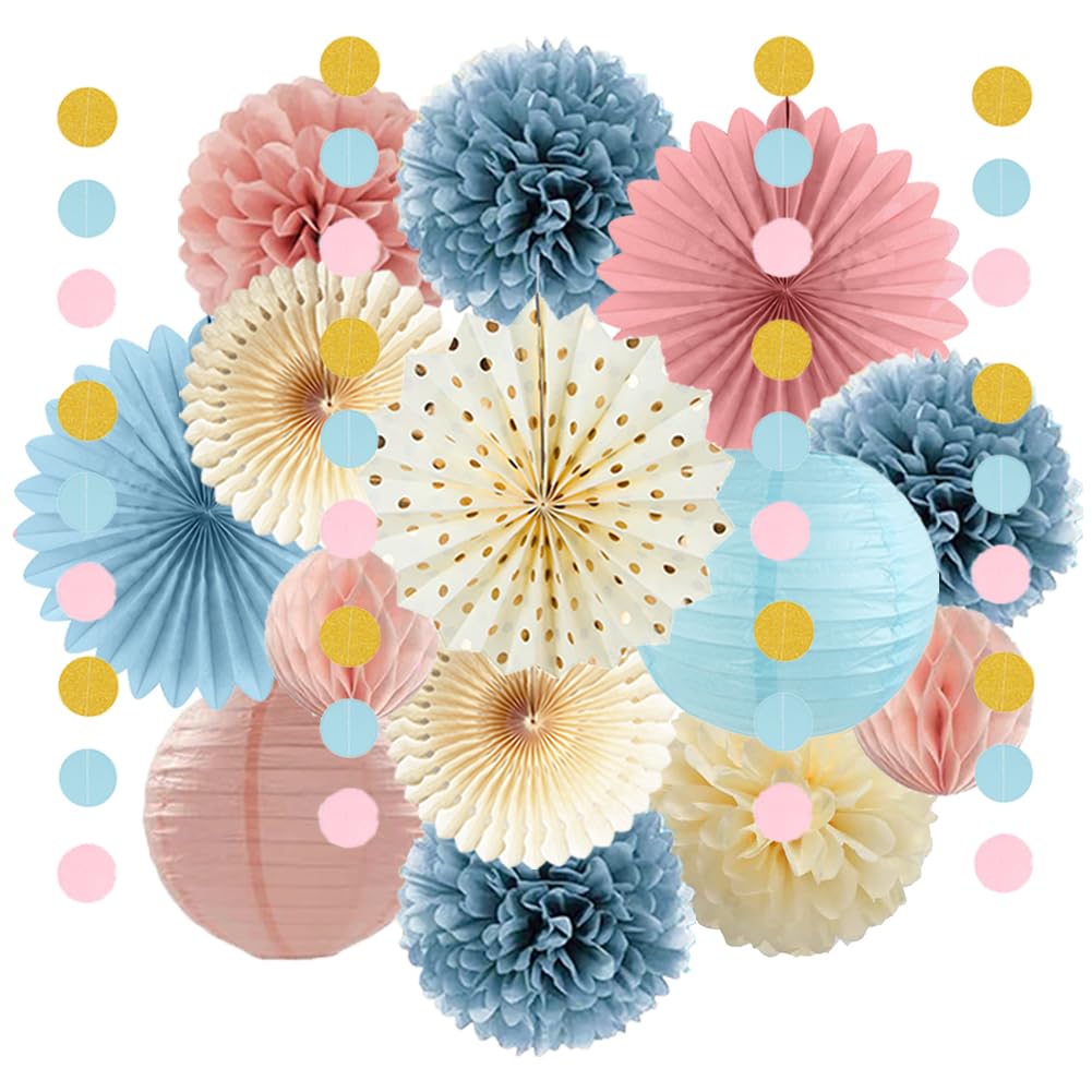 Dusty Blue and Pink Party Decorations Dusty Pink Blue Cream Paper Fans Paper Pom Poms Lanterns for Pink Blue Cream Birthday Gender Reveal Party Decor