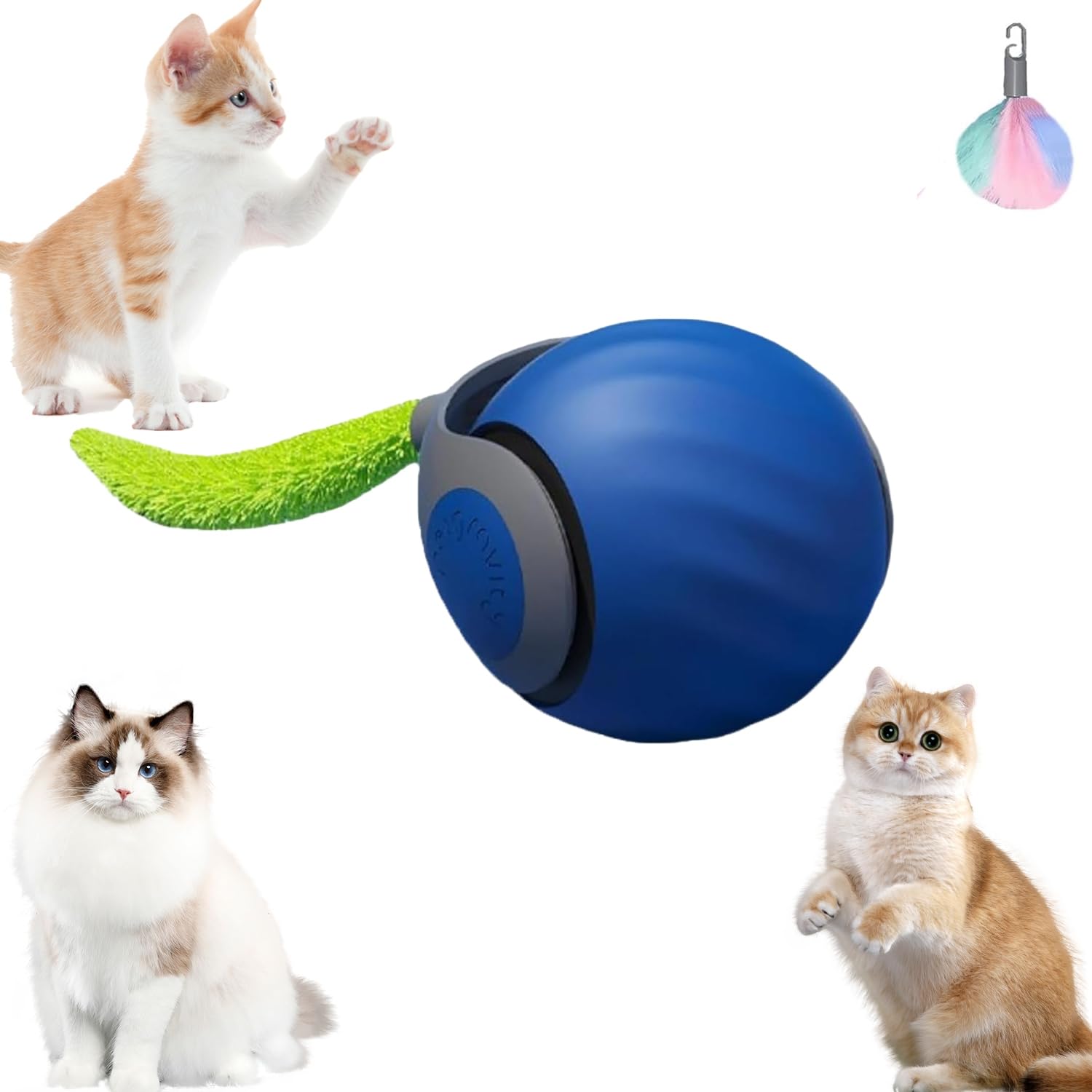Tugeem Speedy Tail 2.0 Cat Toy,Smart Interactive Cat Toy Ball for Indoor Cats,Automatic Cats Rolling Ball Toys,Kitten Self Moving Balls,Rechargeable Turbo Tail Toys with Replacement Tail(Blue,1 Pack)