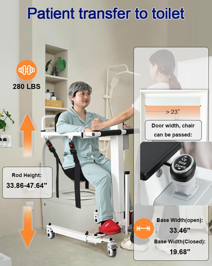 Electric Patient Lift Transfer Chair, Portable Folding & Transfer Lift for Car, Lift Elderly Seniors from Bed to Chair, Commode Toilet, Bathroom Wheelchair, Daily Lift and Transfer Need for Home Use