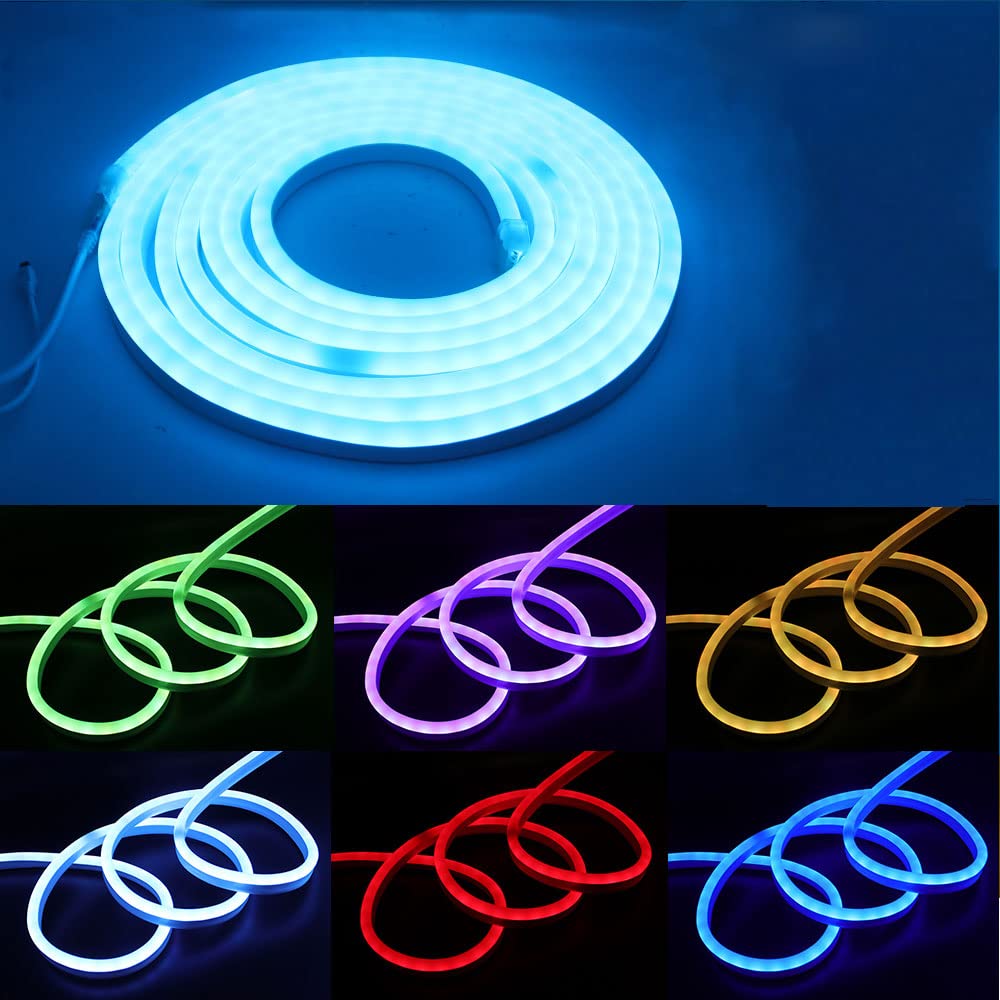 RGB Neon LED Streifen, 10M 220V 5050 Silikon Flexibler Neonstreifen, Multi-Farbwechsel Neon LED Lichtband mit 24 Tasten Fernbedienung und 750W RGB Regler für Schlafzimmer, Schrank, Bar