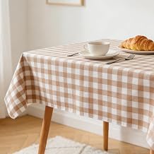 Gingham Vinyl Tablecloth with Flannel Backing for Rectangle Tables Outdoor, 54x78 Inch PEVA Waterproof Plastic Oilcloth, Wipeable Reusable Checkered Cover for Camping,Patio,Picnic,Kitchen,Brown Plaid