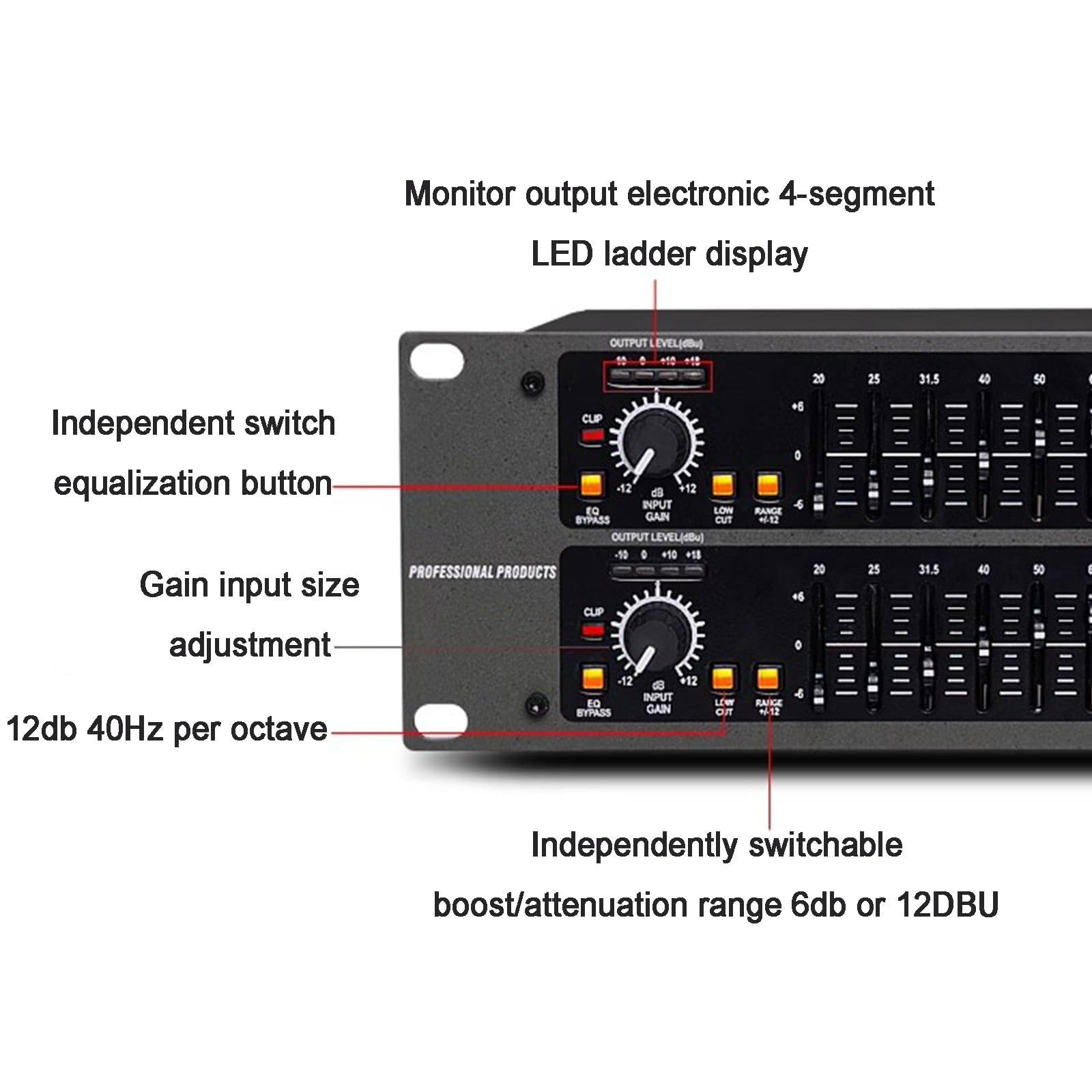 Ecualizador gráfico estéreo de 31 bandas con ajuste de audio profesional de doble canal para rendimiento doméstico y escénico