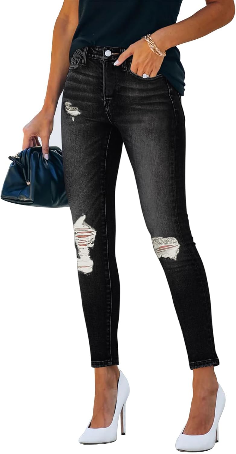 Women's Mid Waisted Jeans Trendy Distressed Stretch Ripped Butt Lift Denim Pants (Pack of 2) - Image 2