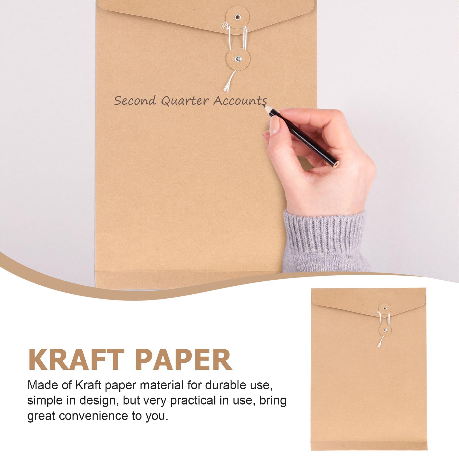 Lot de 10 Enveloppes en Ficelle Kraft A4 pour Documents, Organisateur de Fichiers en Papier Kraft, Fermeture Sécurisée, Rangement Pratique pour Bureau ou Maison