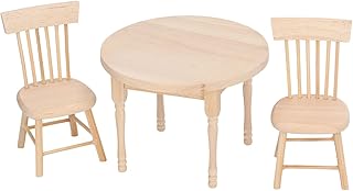 Folanda Dollhouse Miniature Dining Table Chair, 1:12 Retro Wooden Dollhouse Furniture, 3 Pack Dollhouse Dining Set Includes 1 Round and 2 Table Chairs, Dollhouse Kitchen Furniture Accessories