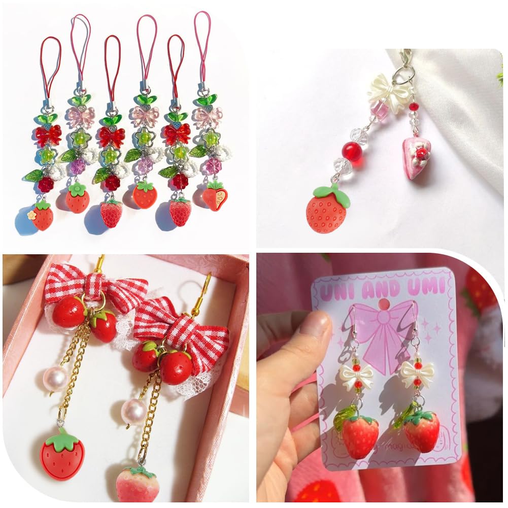 SUNNYCLUE Lot de 4 mini Breloques en Résine en Forme de Fraise Pendentifs en Résine 48pcs Opaques avec Boucles en Fer Platine pour Bracelets Colliers Boucles D'Oreilles Accessoires de Fabrication de
