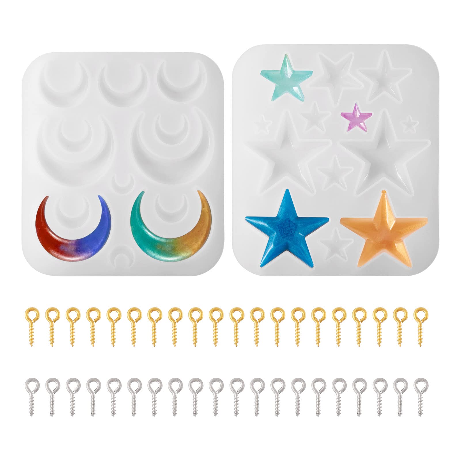 Craftdady 2Pcs Moon Star Pendant Silicone Mold Crescent Moon Resin Jewelry Casting Mold with Screw Eye Pin Peg Bails for DIY Resin Crafts Jewelry