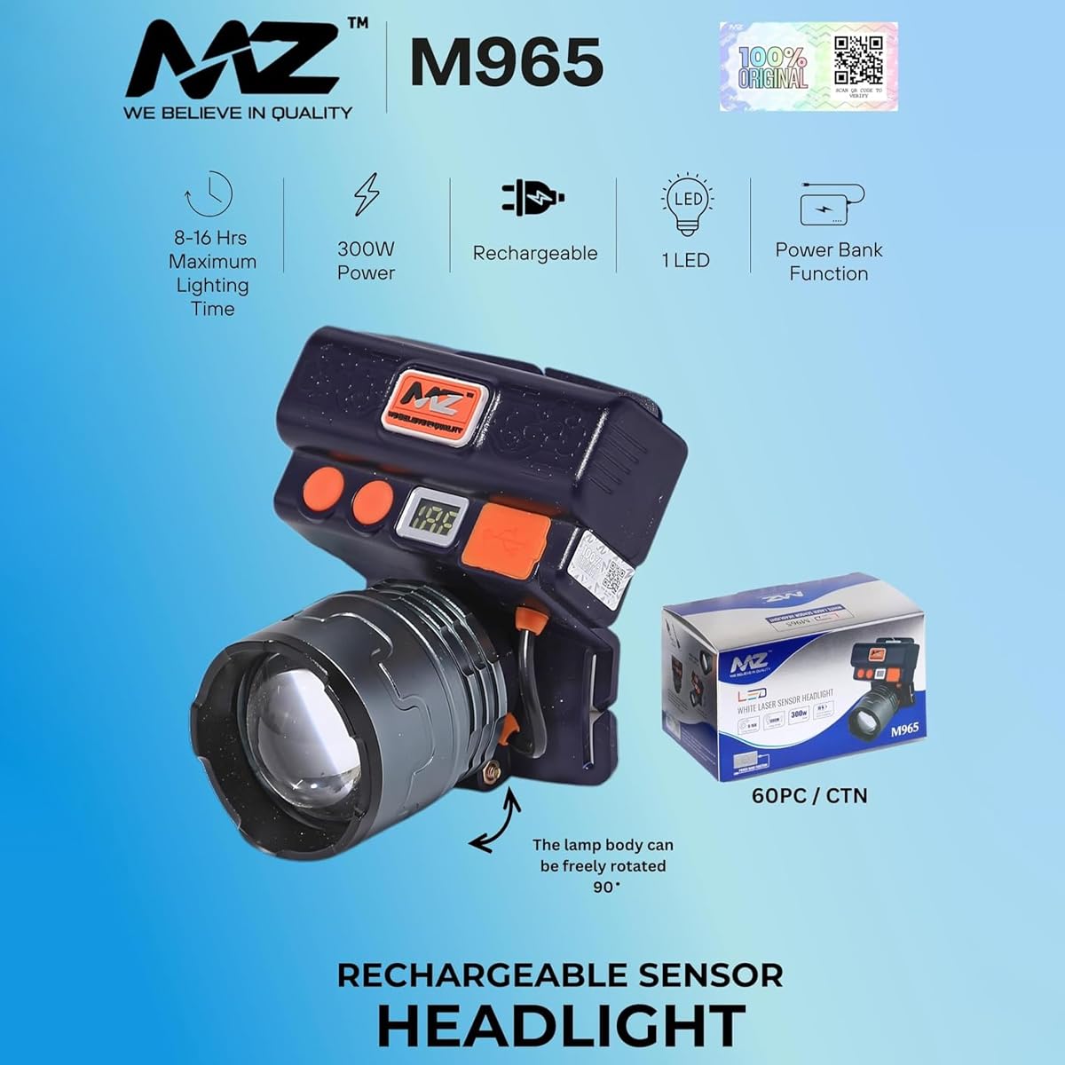 MZ M965 Head Lamp Rechargeable LED Headlight 300W High Power