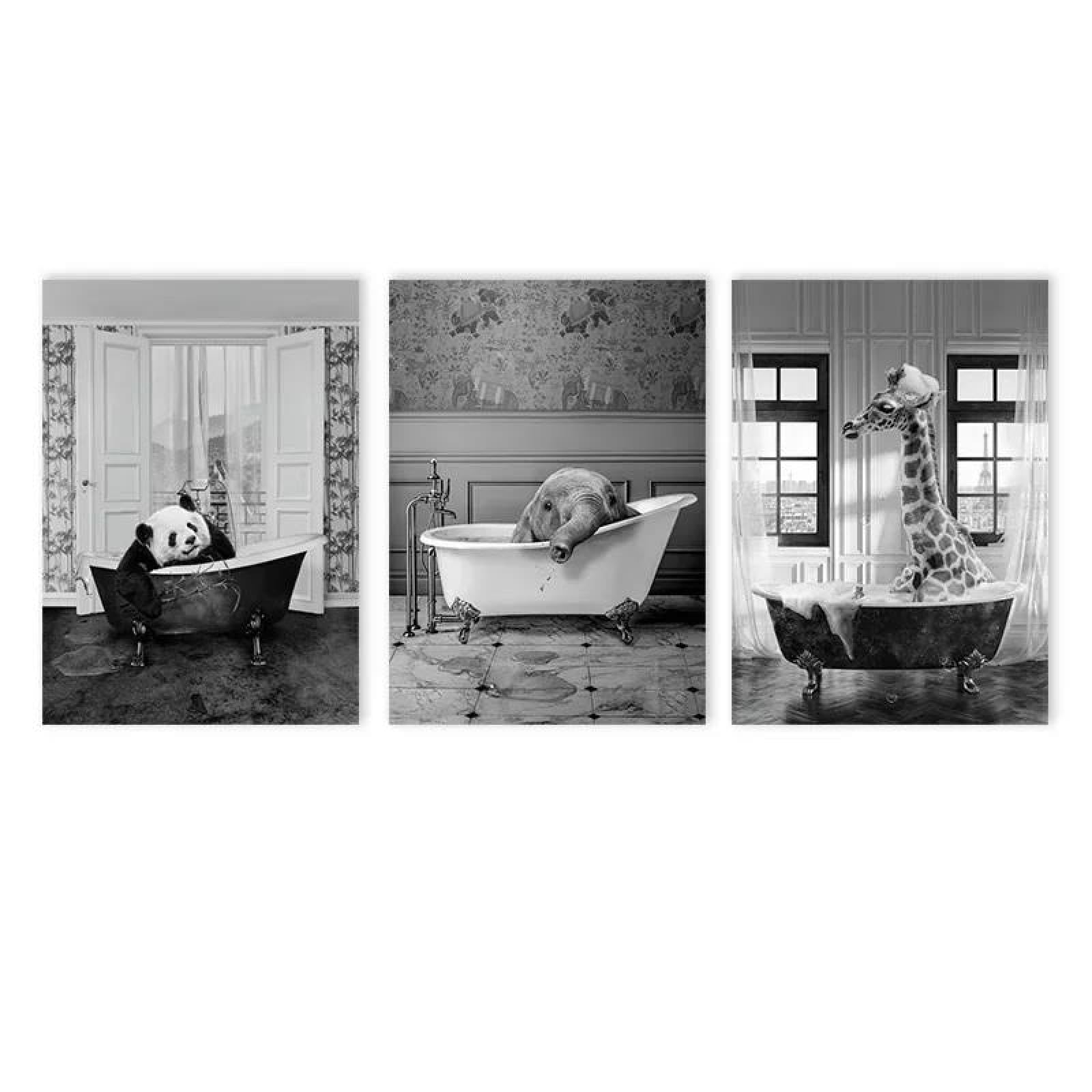 Baibexing Bathroom Wall Art Black And White Giraffe Panda Elephant Funny Animal Bathtub Canvas Painting Prints Posters Pictures Home Decor 40X60Cmx3Pcs Unframed