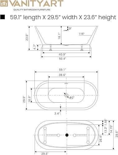 Miniatura 5 de Vanity Art Tina de acrílico blanca independiente de 59 x 30 pulgadas, moderna bañera independiente con desbordamiento ranurado certificado UPC y