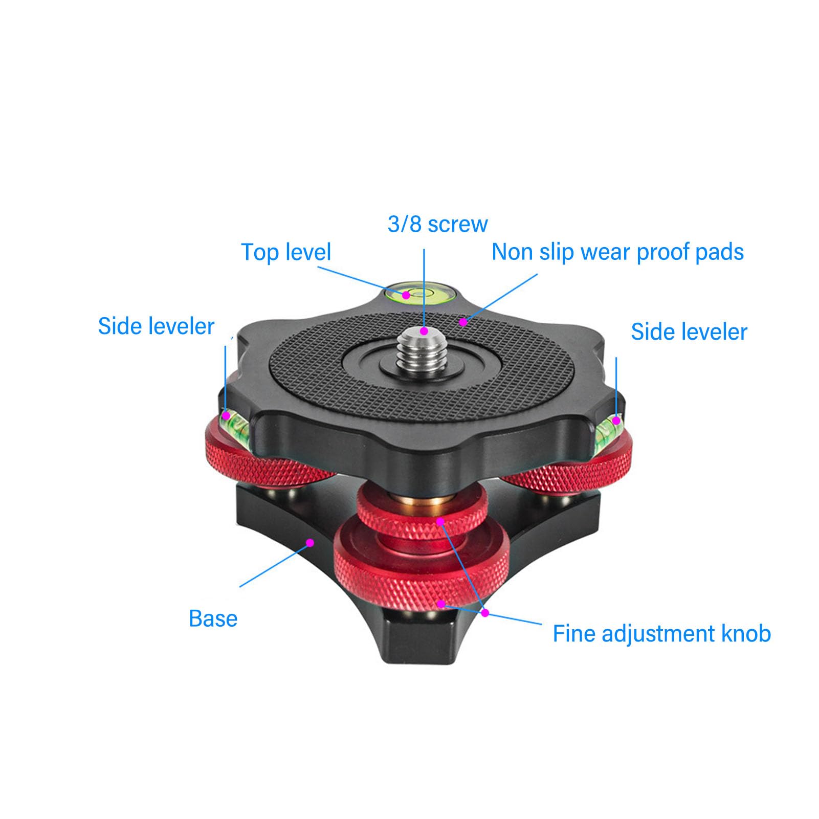 Camera Leveler Tripod Leveling Base, Bubble Levels Precision Adjustment with Aluminum Alloy for DSLR Camera Rotator Panoramic Head