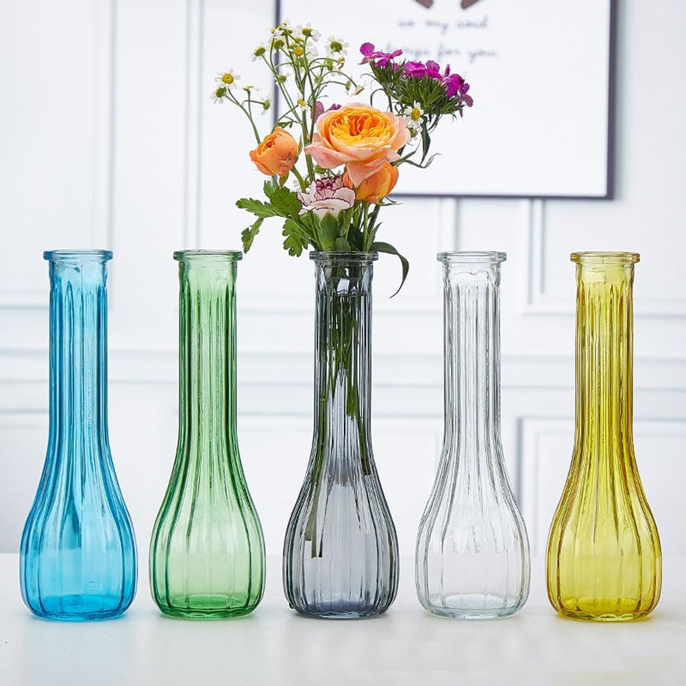 20CM Transparent Glass Vase Hand Made Single Stem Vases Narrow Neck Vertical Striped Decorative Glass Bottles for Flowers Centerpieces Wedding Party Home Office Decor - Image 7