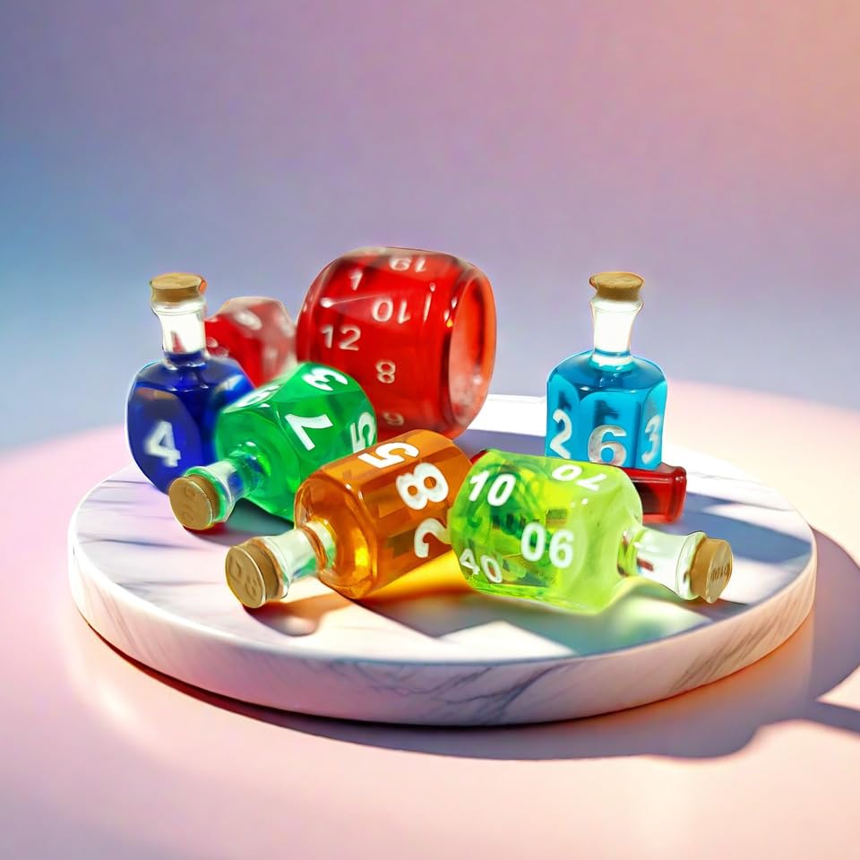 Coloured 7 Potion Dice Set for Rpg Tabletop Games,7 Pcs Potion Dice Set Handcrafted Potion Bottles Dice Set with Numbers Potion Tokens Dice for Player Games Accessories Party Gifts (Colorful)