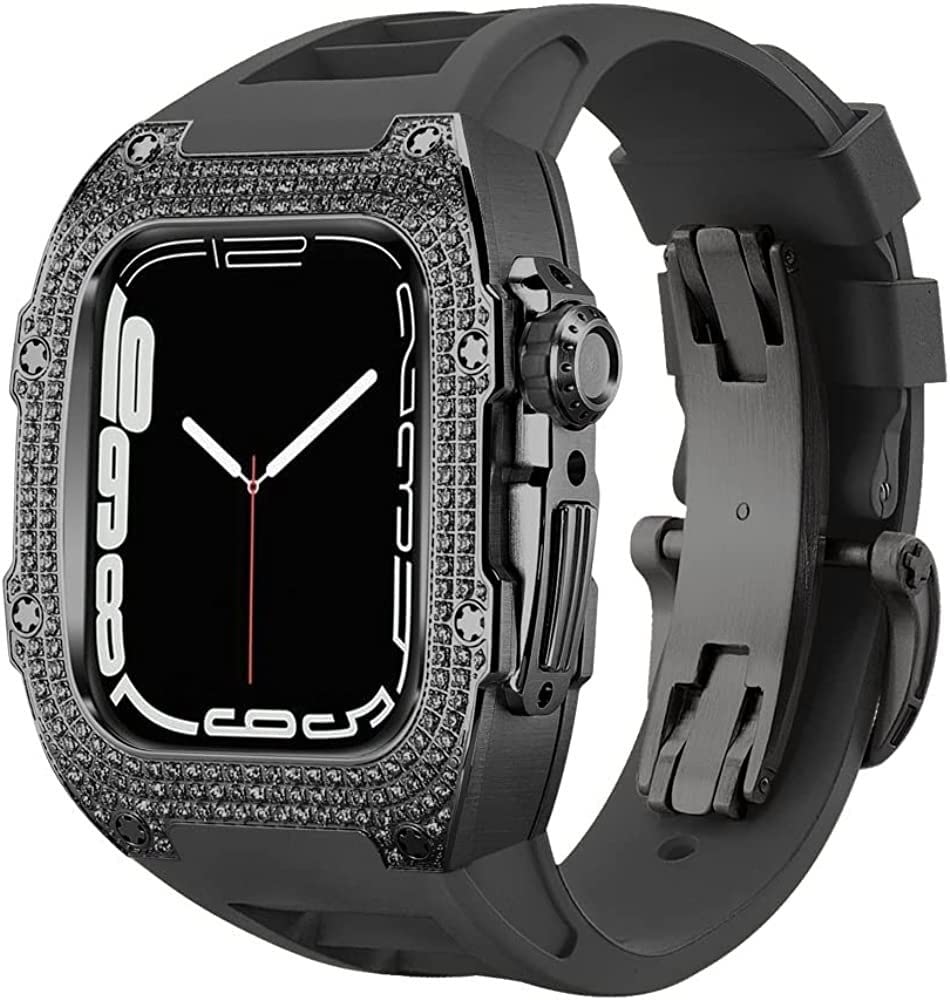 Kit modification Apple Watch 8 bracelet caoutchouc fluor et coque strass 44mm