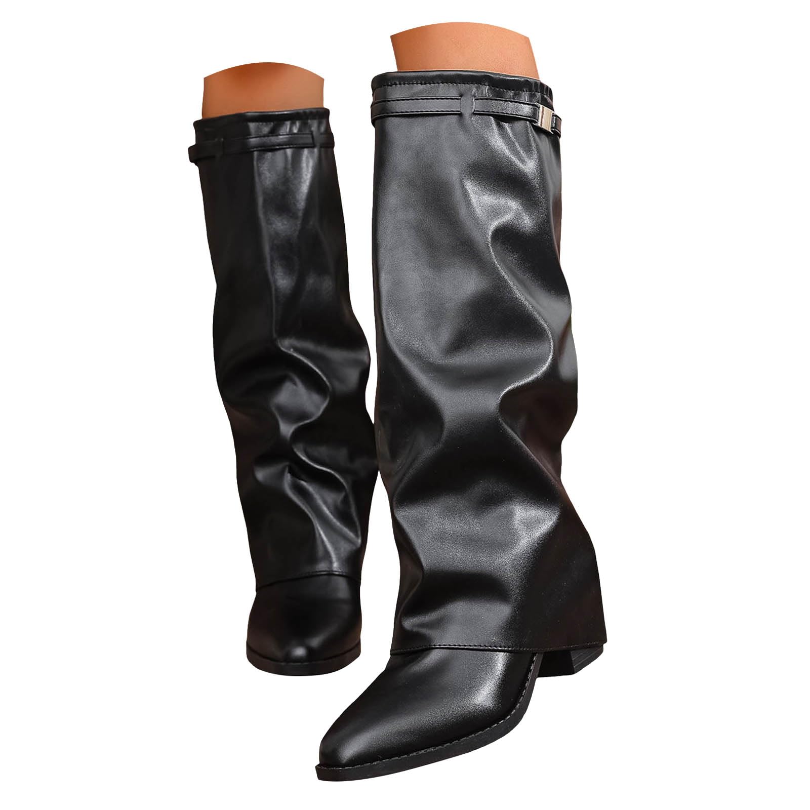 Fold Over Knee High Boots for Women Block Heel Slouchy Long Boot Fashion Pointed Toe Metal Buckle Decor