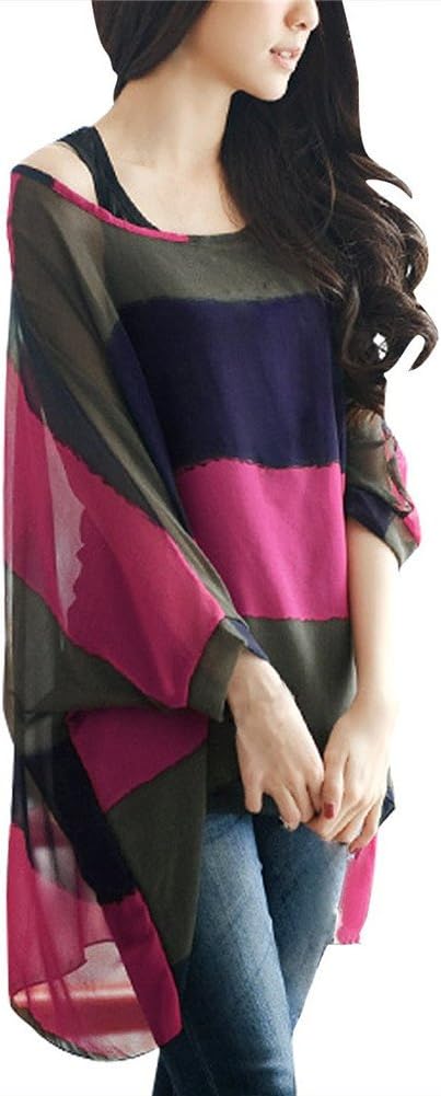 Boho Batwing Sleeve Chiffon Blouse Women Casual Floral Print Loose Shirts Plus Size Beach Tunic Tops(Red)