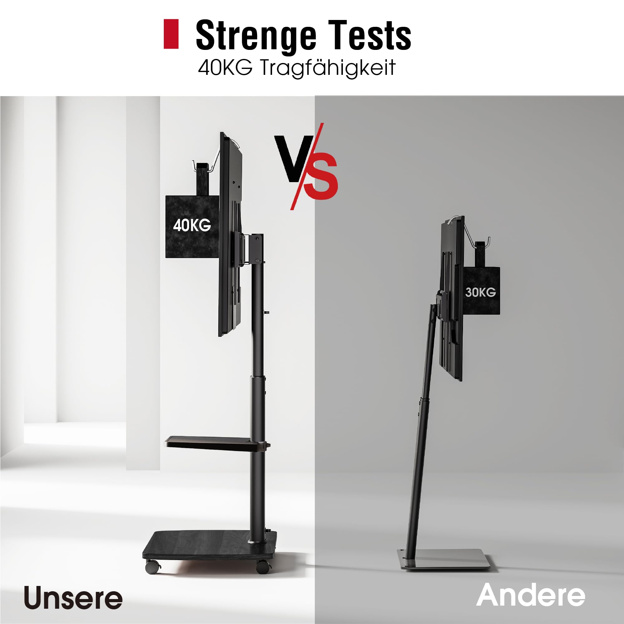 AOKCOS TV Ständer Rollbar mit Holzablage Regal, Fernsehständer auf Rollen für 32-65 Zoll, bis 40 kg, VESA 400x400mm (Schwarz)