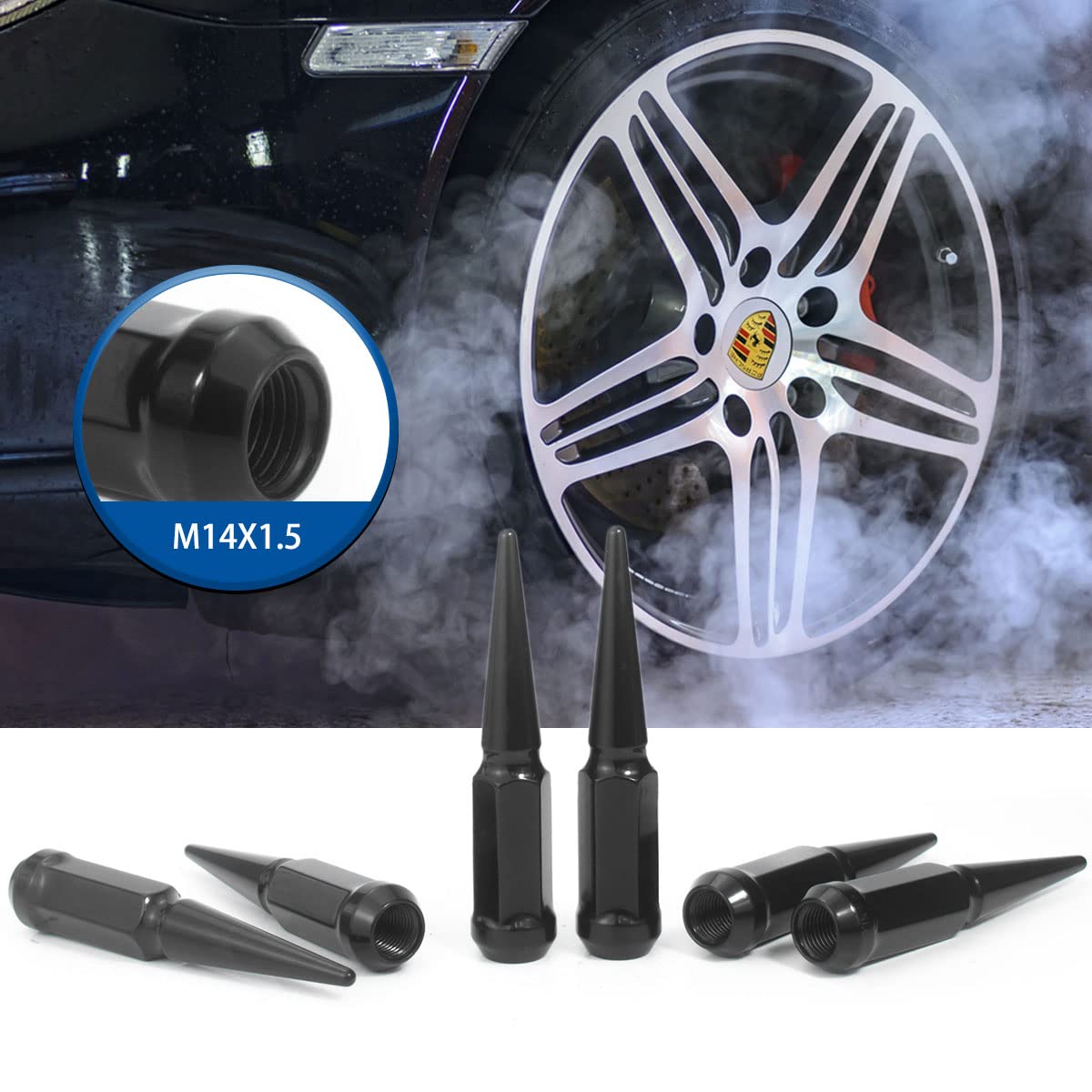GAsupply 32 dadi per ruota da 14 x 1,5 con estremità chiusa, dadi a punta nera, sedile conico, altezza 11,2 cm, per ruote aftermarket e 1 chiave a bussola lunga