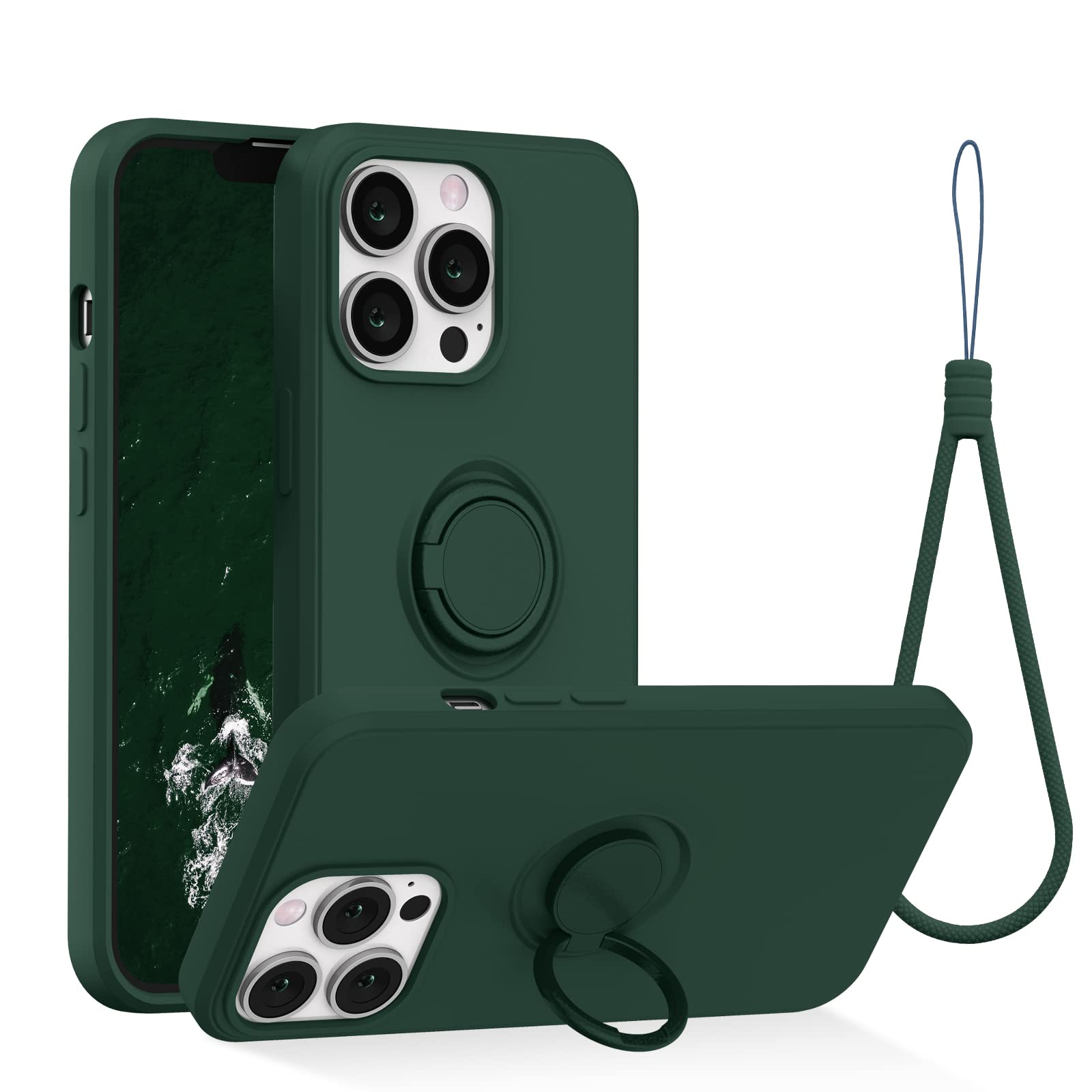 ABITKU Compatible with iPhone 13 Pro Case 2021, Silicone with 360°Ring Kickstand Holder (Support Magnetic Car Mount) Phone Cover Case with Microfiber Lining for iPhone 13 Pro 6.3 inch (Army Green)