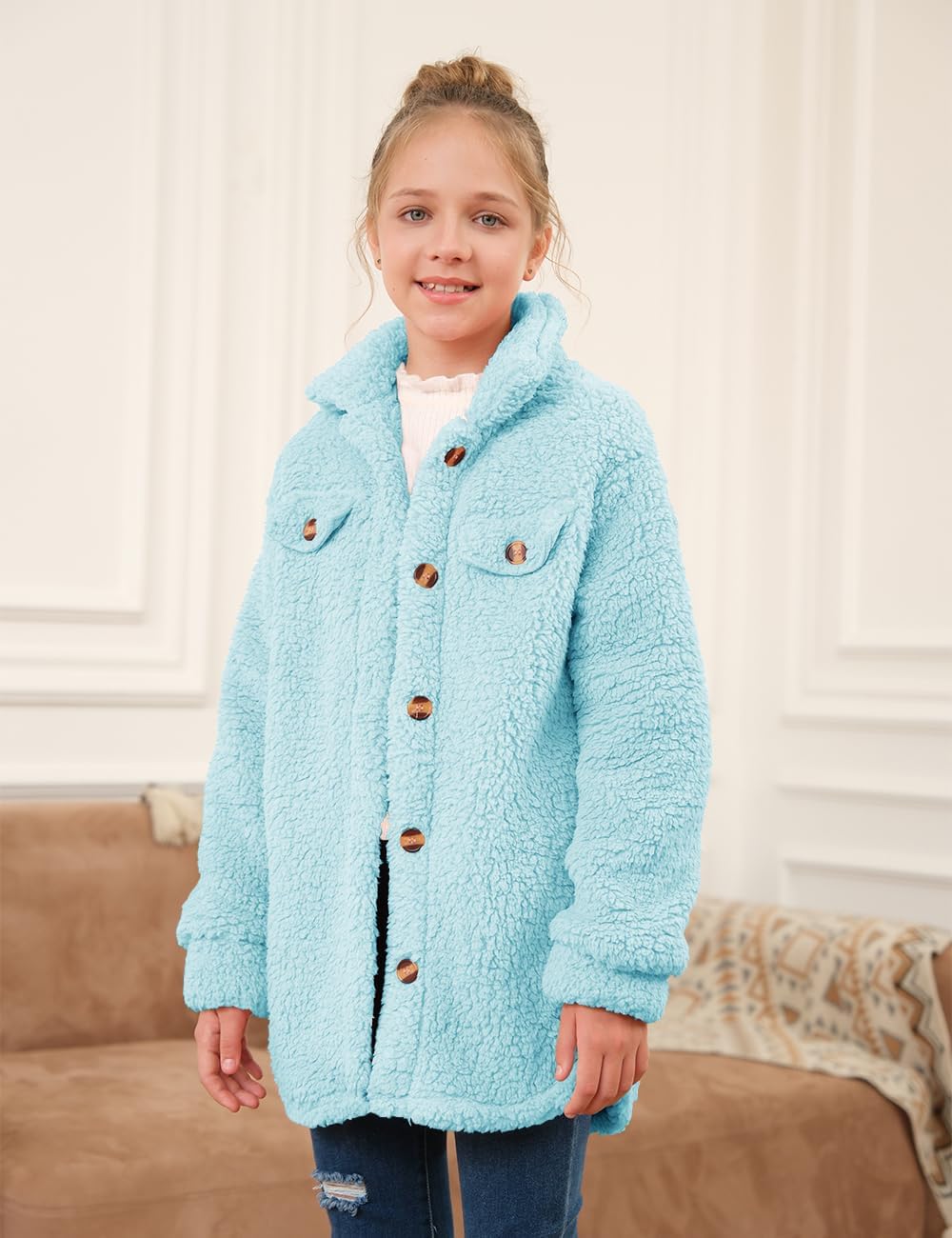 Haloumoning Girls Fuzzy Fleece Jacket Casual Button Down Sherpa Overcoat Faux Fur Jackets Outwear 4-15 Years - Image 3