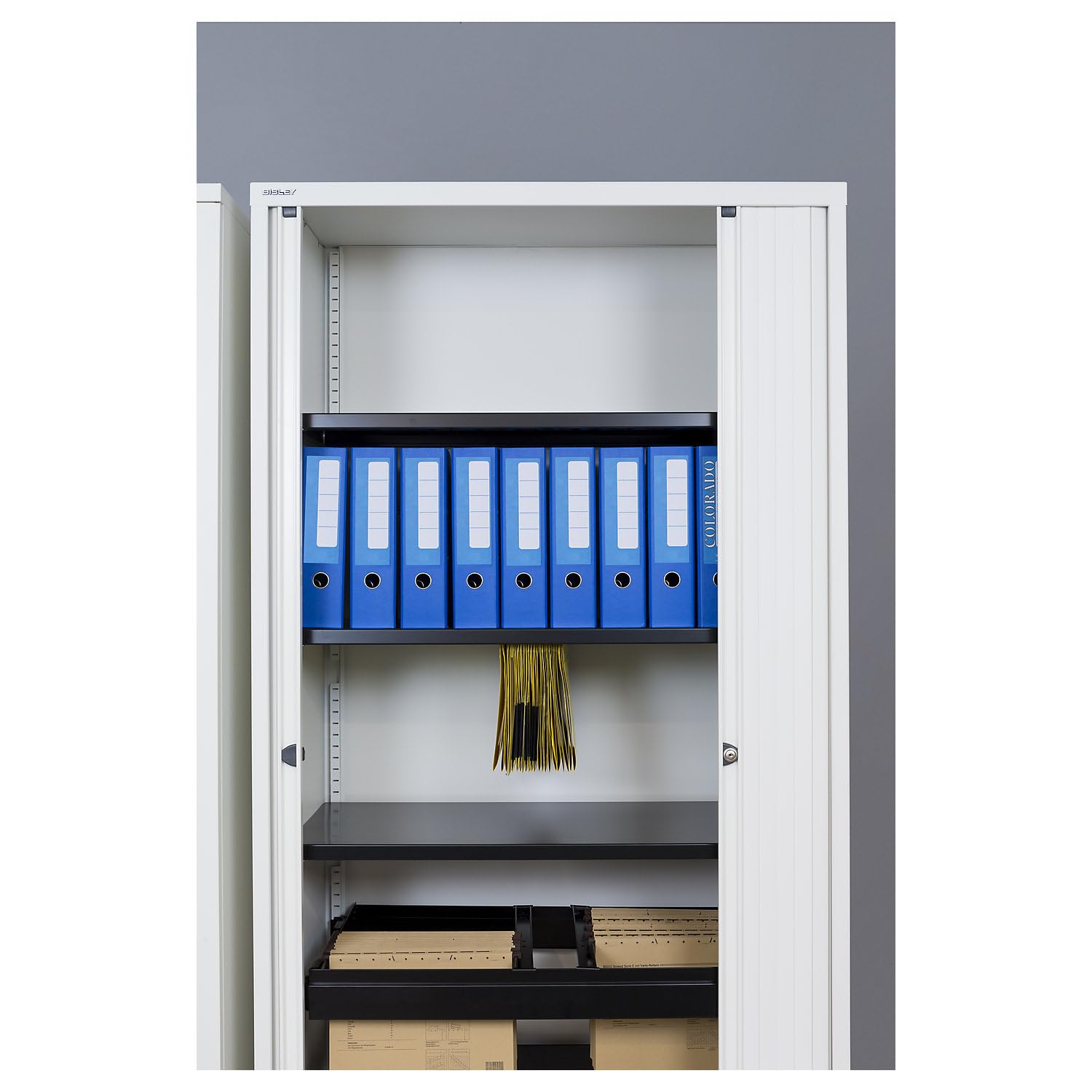 BISLEY Rollladenschrank Essentials mit 1 Fachboden für 2 Ordnerhöhen, Metall, Pww Rollladen/Korpus Verkehrsweiß, 47 x 100 x 100 cm