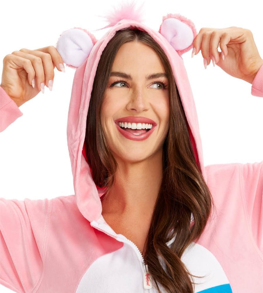 Tipsy Elves 80's Cartoon Bear Costume for Women - Classic Cute Retro Rainbow Belly Cartoon Bear Front Zipper Onesie Jumpsuit