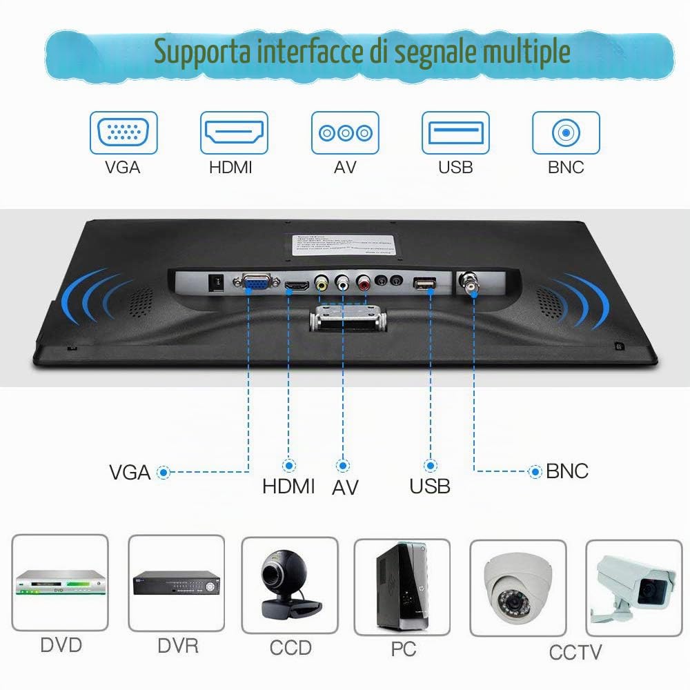 Monitor portatile da 14 pollici, telecamera di sorveglianza con HDMI USB VGA BNC AV, ingresso multifunzione 1024 x 768, display LCD PC, altoparlante integrato