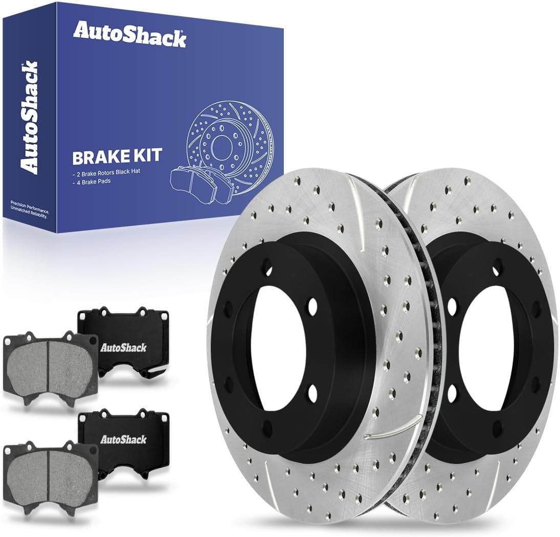 AutoShack Front Vented Drilled & Slotted E-Coated Brake Rotors + Premium Ceramic Pads 6-PC Brake Kit Replacement for 2005-2023 Toyota Tacoma 2007-2014 Toyota FJ Cruiser ShadowGuard 12.55" (318.7 mm)