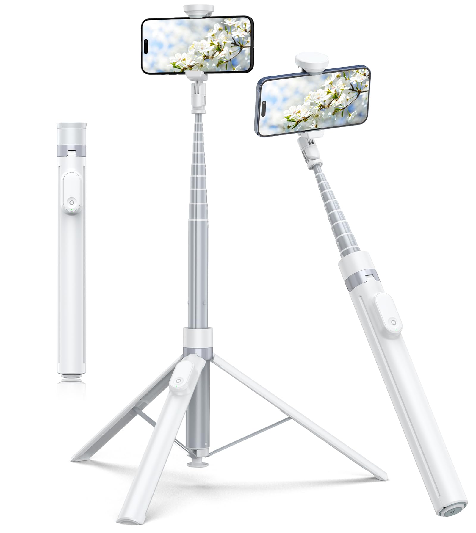 TONEOF 70" Automatic Tripod,Auto-Open Phone Stand with Magnetic Rechargable Remote,Selfie Stick 360° Vertical & Horizontal Rotatable,Stable Travel Tripod for iPhone/Android(White)