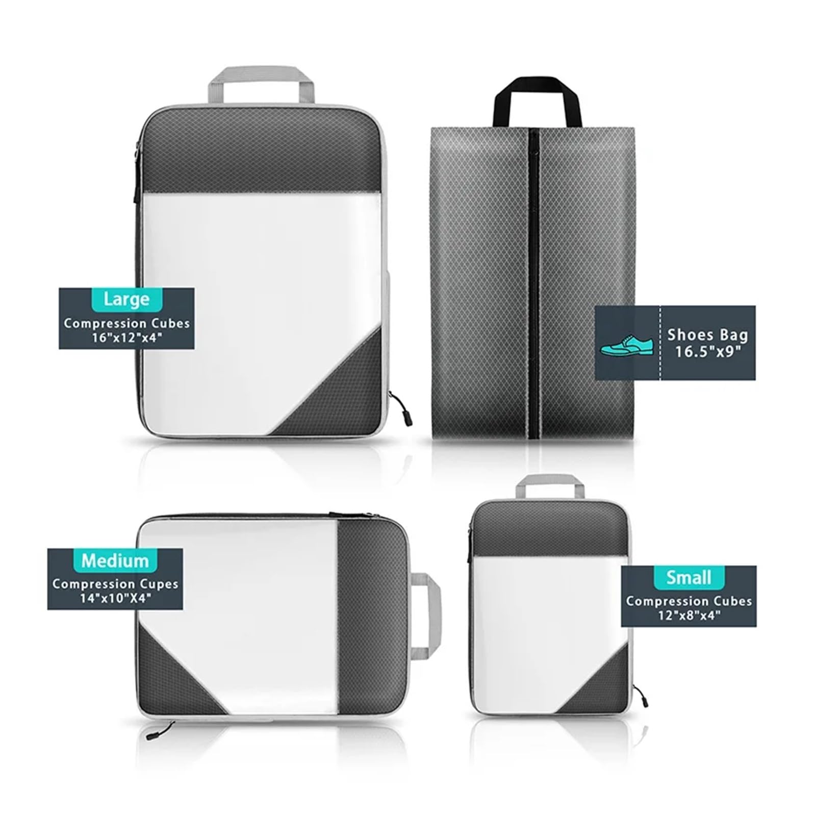 Set di 4 cubi da imballaggio a Compressione - Organizzatori da Viaggio Essenziali per valigie - Borse portaoggetti Impermeabili, espandibili e traslucide in Blu Cielo