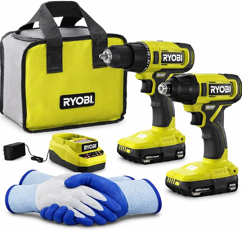 Kit combinado de taladro y destornillador de impacto RYOBI, juego inalámbrico de 2 herramientas ONE+ de 18 V con cargador de baterías, bolsa de herramientas y guantes