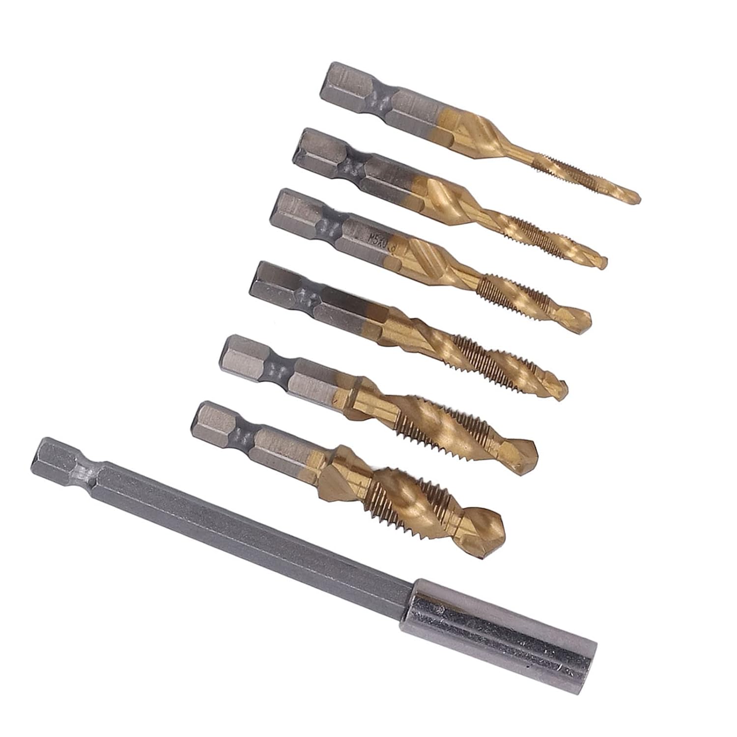 Drill Tap Set with Hex Shank, Spiral Metric M3‑M10 for Steel, Aluminum and Sheet Metal Thin Plate, Chip Removal (Gold)