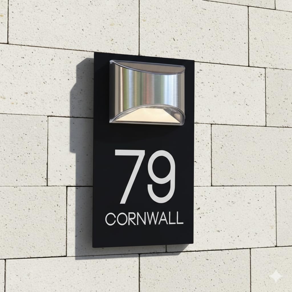 Blitz Craft Personalised House Numbers Plaques | Illuminated Solar House Sign With Led Light | 5mm Thick Black Aluminium | Custom Door Numbers For Outside With Fixings - Design 3 (280 x 160mm)