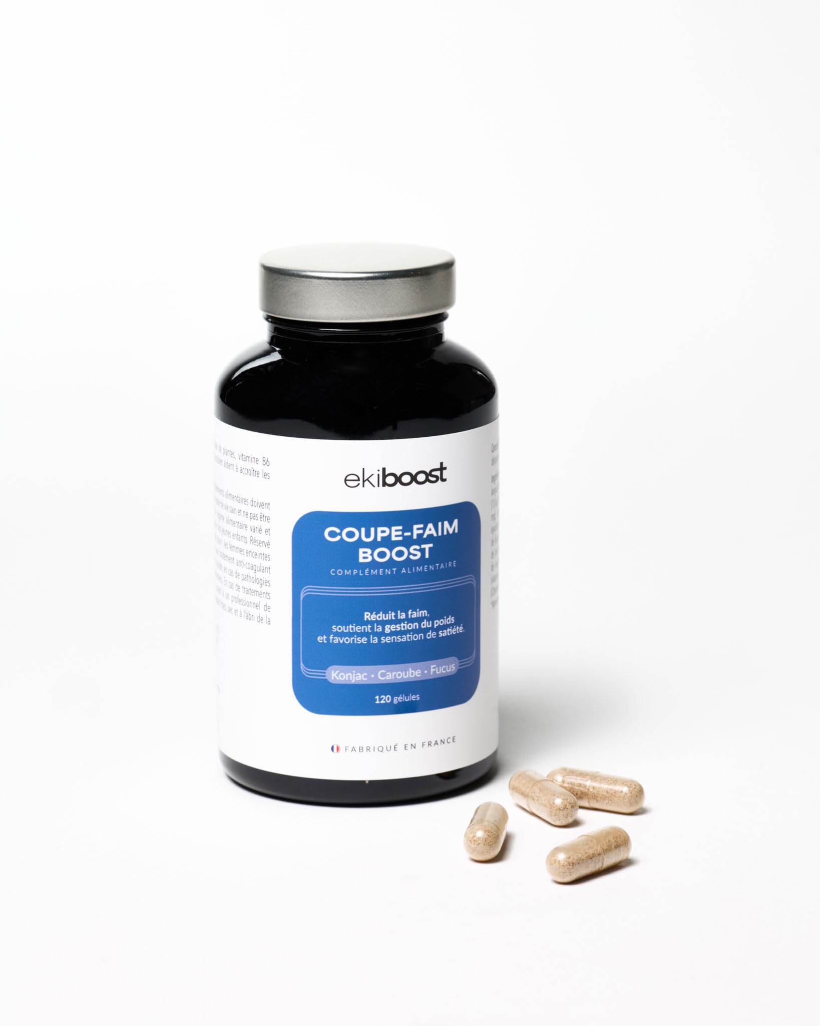 COUPE FAIM | Hautement dosé | Konjac, Fucus, Caroube, Vitamine B6 & Bisglycinate de Zinc | Complément Alimentaire à base de plantes | Vitamines & Minéraux | Fabriqué en France | 120 Gélules | Ekiboost