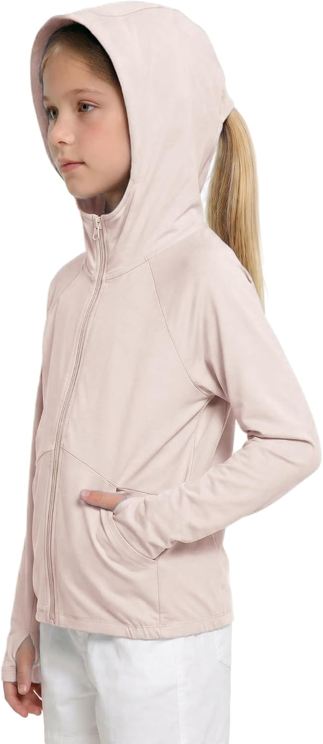 TAGIHOO Girls Sun Protection Zip Jacket Lightweight Smooth Fabric Hoodie with Ponytail Hole, Thumb Holes & Pockets