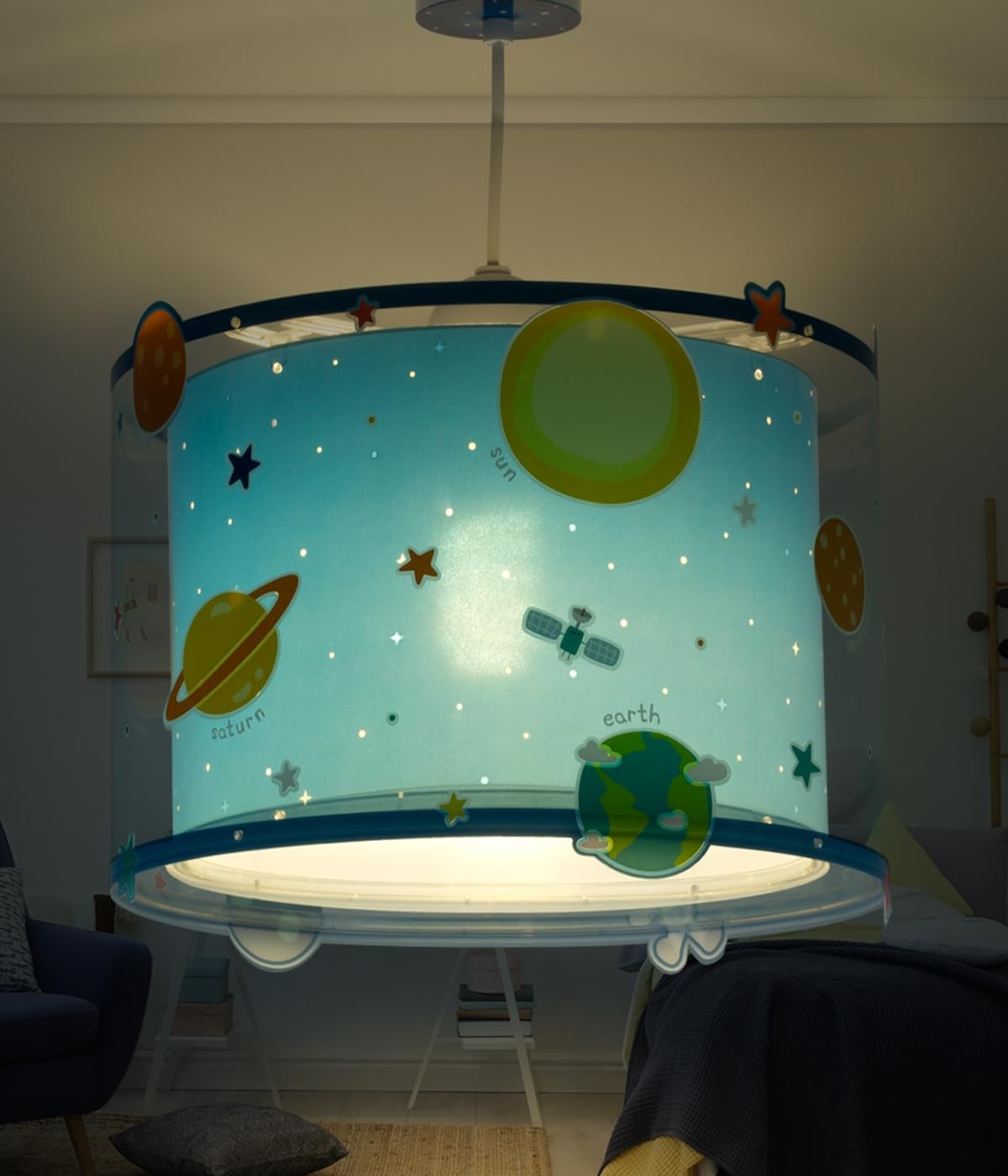 Dalber Lampe Suspension Plafonnier Enfants Planètes Système Solaire E27 Bleu